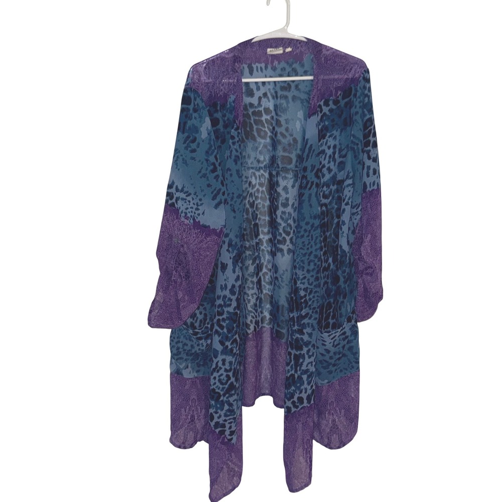 Truth + Style Purple Blue Leopard Print Sheer Open Front Kimono Duster 1X
